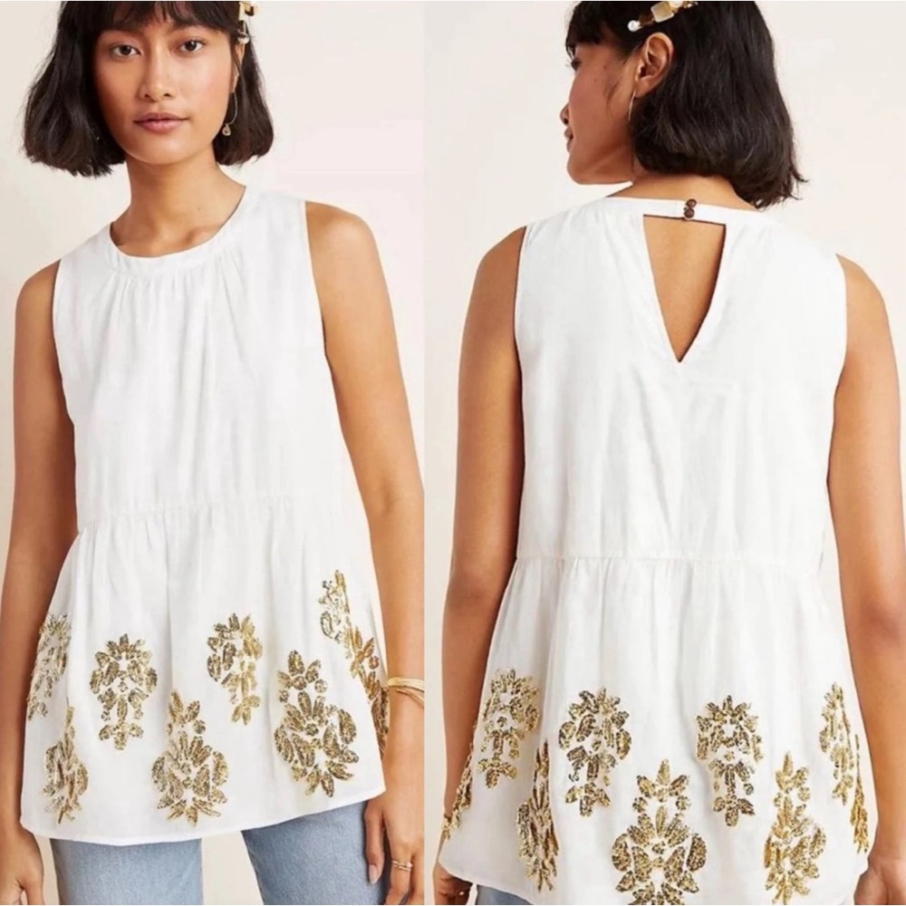 Anthropologie summer top. White top with gold sequins along the bottom